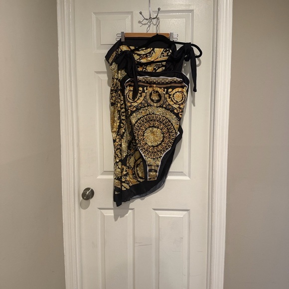 Black and Gold Baroque-Print One-Piece Swimsuit with Tie Straps - Picture 3 of 14